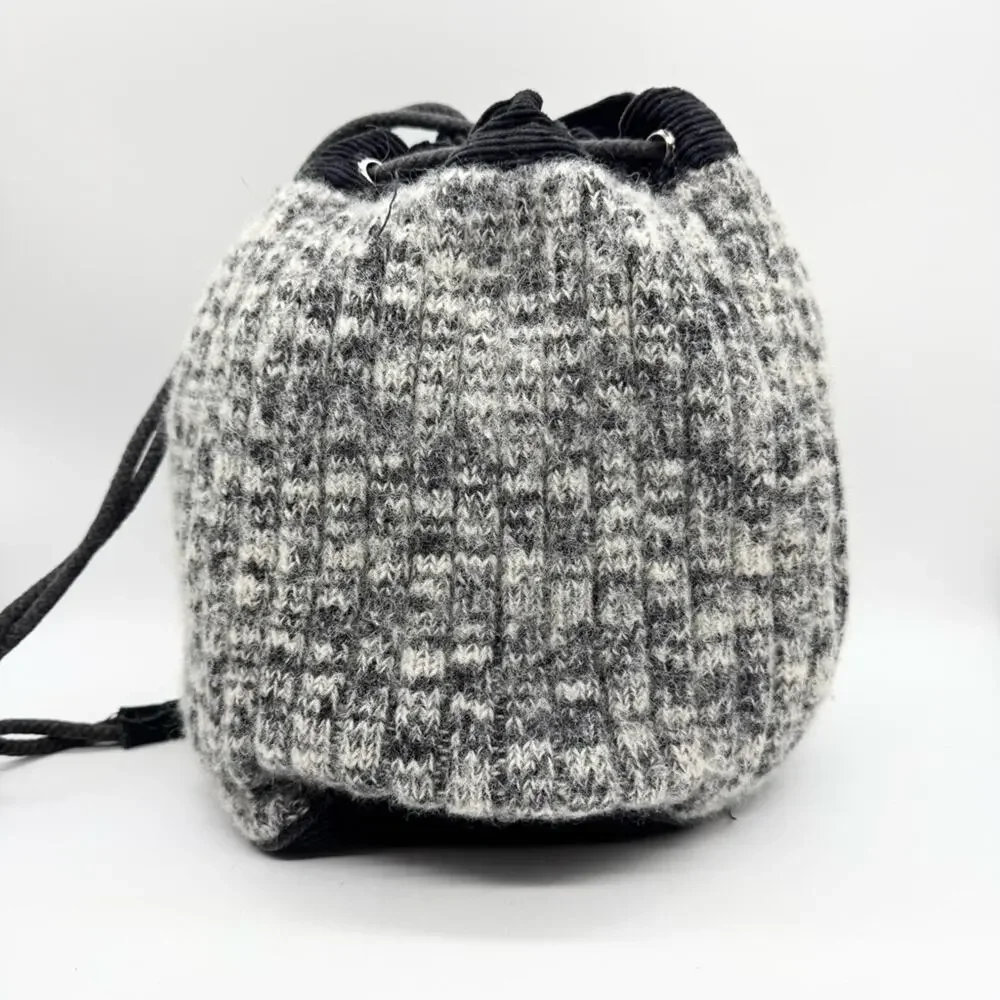 Y2K Artsy Boho‎ Hippie Knit Wool Drawstring Backpack Bag Grey/Black - Medium